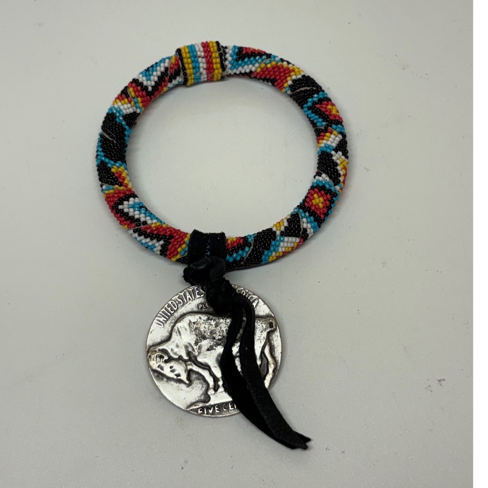 Southwestern Beaded Bangle Bracelet with Buffalo Nickel Coin Charm Multicolor